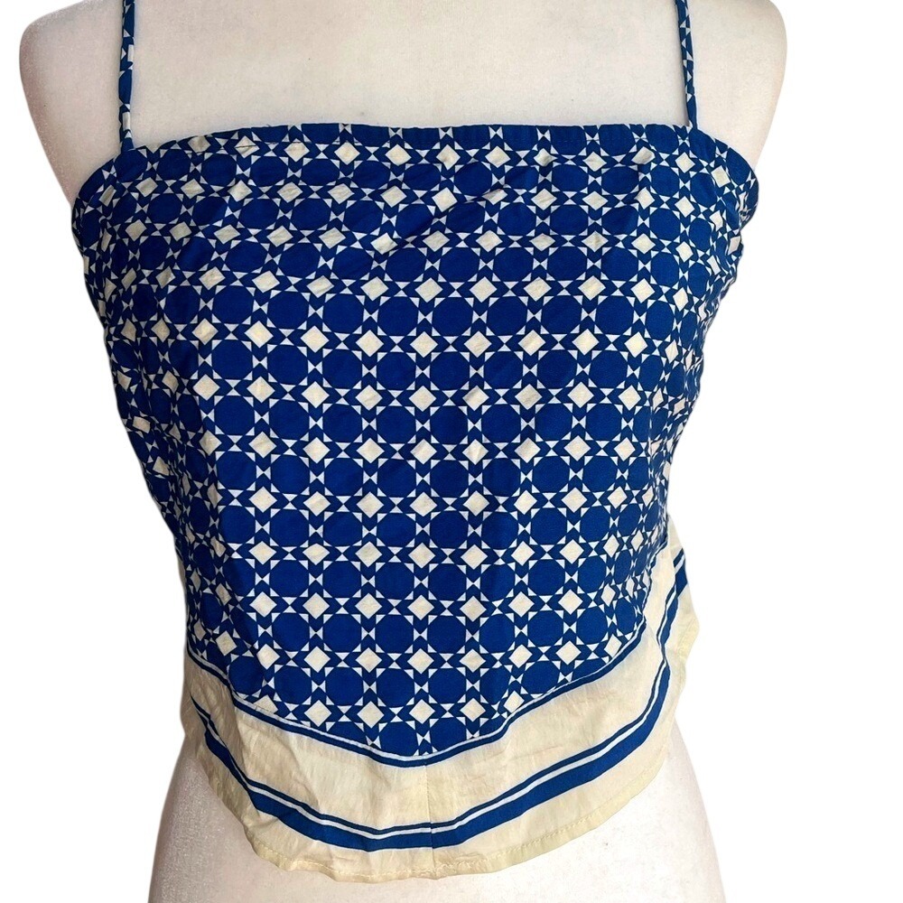 Sienna Sky Geometric Smocked Cami Crop Top Handkerchief Hem Large Boho Blue NWT